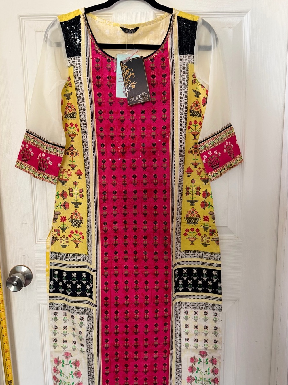 Aurelia Women's Floral Geometric Print Straight Kurta - Pink & Yellow, Size S